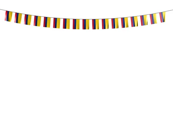 Cute many Colombia flags or banners hanging on rope isolated on white - any celebration flag 3d illustration — Stock Photo, Image