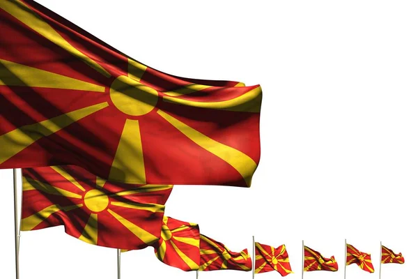 Aranyos sok Macedónia zászlók elhelyezett átlós elszigetelt fehér hely a tartalom - bármilyen ünnep zászló 3d illusztráció — Stock Fotó
