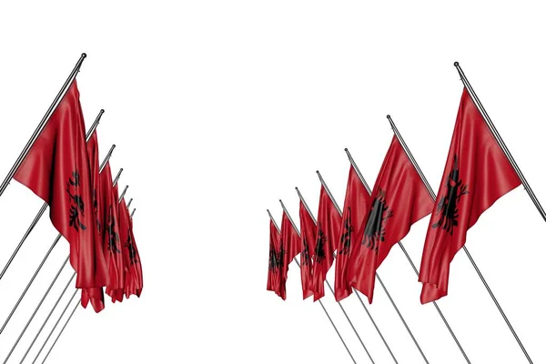 Bonito muitas bandeiras Albânia pendurado em pólos diagonais de lados esquerdo e direito isolado no branco - qualquer bandeira celebração ilustração 3d — Fotografia de Stock