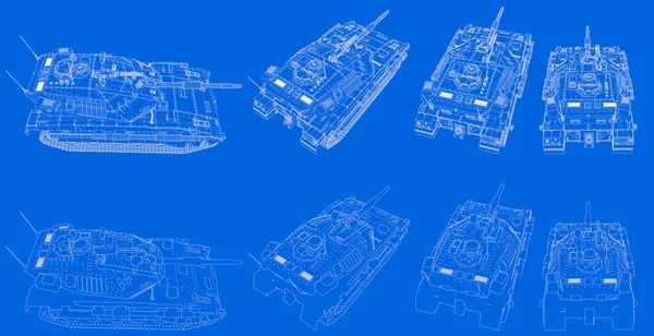 drawn blueprint of outlined isolated 3D tank with fictional design, very high resolution war concept - military 3D Illustration