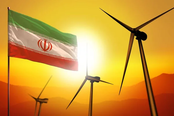 Irán energía eólica, concepto de medio ambiente de energía alternativa con turbinas eólicas y bandera en la ilustración industrial del atardecer - energía alternativa renovable, ilustración 3D — Foto de Stock