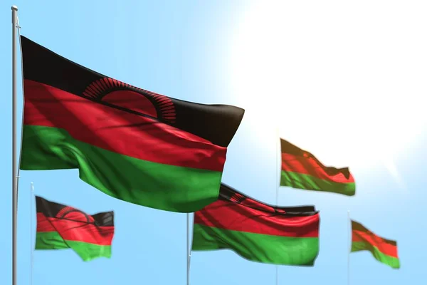 Schöne 5 Flaggen von Malawi wehen vor blauem Himmel Bild mit selektivem Fokus - jede Gelegenheit Flagge 3d Illustration — Stockfoto