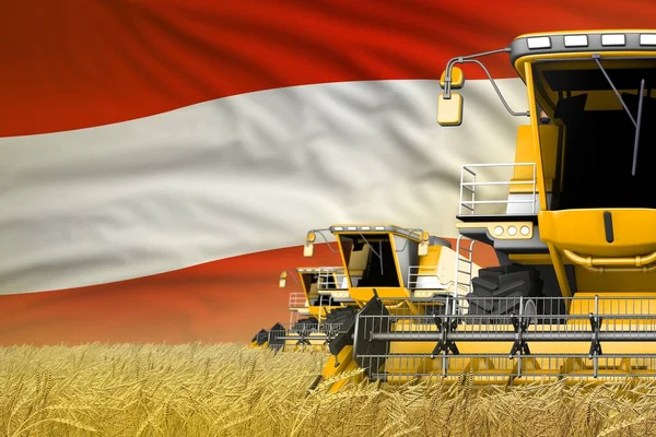 3 gele moderne maaiers combineren met Oostenrijkse vlag op het platteland - close view, landbouwconcept - industriële 3d illustratie — Stockfoto