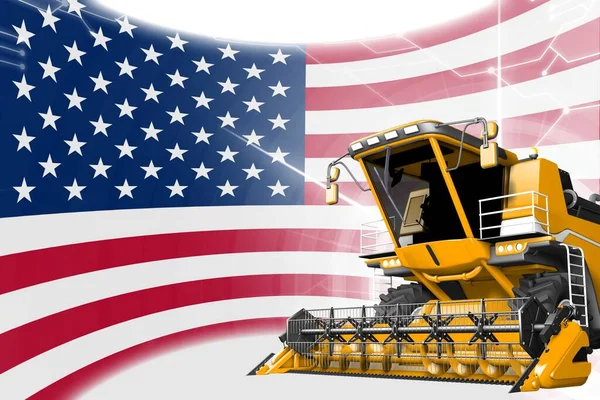 Agriculture innovation concept, yellow advanced wheat combine harvester on USA flag - digital industrial 3D illustration