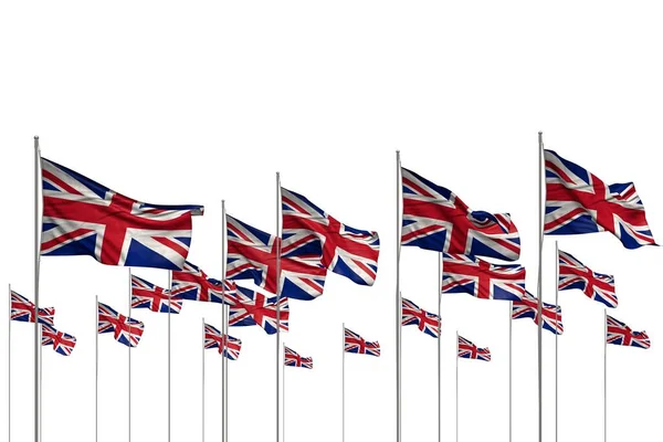Beautiful many United Kingdom (UK) flags in a row isolated on white with free space for text - any celebration flag 3d illustration — Stock Photo, Image