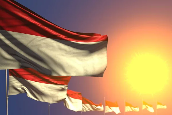 Beautiful many Indonesia flags on sunset placed diagonal with soft focus and space for your text - any feast flag 3d illustration — ストック写真