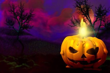 Cadılar Bayramı canlı şirin gece modeli - sol tarafta boş alan ve sağ tarafta balkabağı şeklinde mum, jack-o-fener konsepti - arka plan tasarımı 3d resimleme