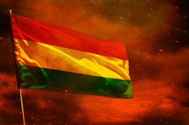 Kızıl gökyüzünde dumanlı sütunlarla dalgalanan Bolivya bayrağı. Sorunlar kavramı.