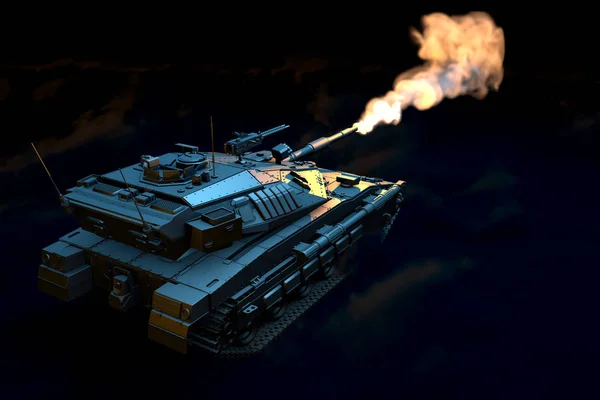 Grå tank med fiktiv design i krig mot mörk rök bakgrund, isolerad detaljerad heroiska försvar koncept - militär 3d Illustration — Stockfoto