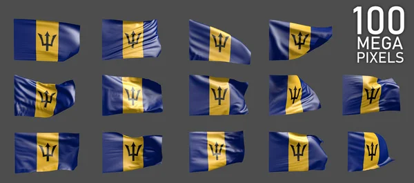 14 verschiedene realistische Darstellungen der Flagge von Barbados isoliert auf grauem Hintergrund - 3D-Darstellung des Objekts — Stockfoto
