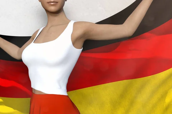 Gadis cantik dengan rok cerah memegang bendera Jerman di tangan di belakang punggungnya di latar belakang putih - konsep bendera 3d ilustrasi — Stok Foto