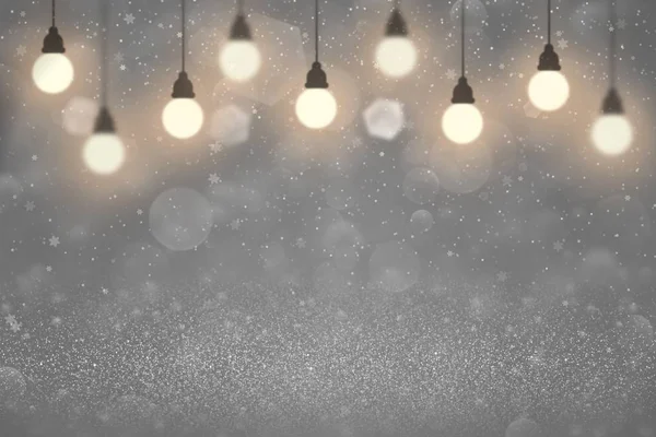 Schattig shiny glitter lichten intreepupil bokeh abstracte achtergrond met lampen en vallende sneeuw vlokjes vliegen, feestelijke mockup textuur met lege ruimte voor uw inhoud — Stockfoto