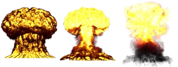 3D illustration of explosion - 3 large very highly detailed different phases mushroom cloud explosion of fusion bomb with smoke and fire isolated on white — ストック写真