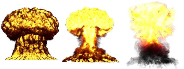 3D ilustrace výbuchu - 3 velké velmi detailní různé fáze houbového mraku výbuch fúzní bomby s kouřem a ohněm izolované na bílém — Stock fotografie