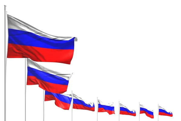 Aranyos sok Oroszország zászlók elhelyezett átlós elszigetelt fehér hely a tartalom - bármilyen ünneplés zászló 3d illusztráció — Stock Fotó