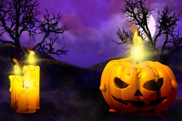 Halloween colorido horror noite textura - fundo modelo de design ilustração 3D com conjunto de velas no lado esquerdo e vela em estilo de abóbora no lado direito, truque ou tratar conceito — Fotografia de Stock