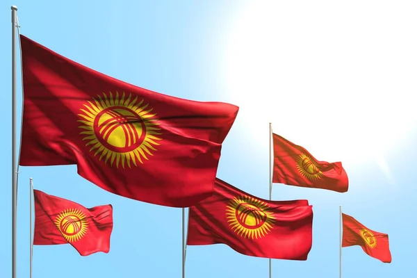 Graziose 5 bandiere del Kirghizistan sventolano su sfondo cielo blu - qualsiasi bandiera festa 3d illustrazione — Foto Stock