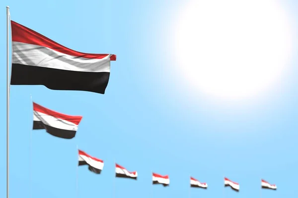 Belas muitas bandeiras do Iêmen colocadas na diagonal com foco suave e espaço vazio para texto qualquer bandeira celebração ilustração 3d — Fotografia de Stock