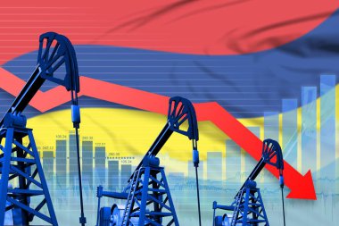 Mauritius bayrağının arka planında azalan grafikler - Mauritius petrol endüstrisi veya pazar konseptinin endüstriyel çizimi. 3d Görüntü