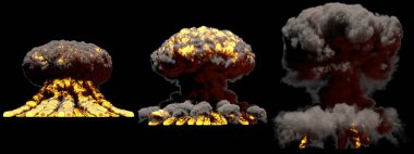 Patlamanın 3D çizimi - 3 büyük aşama ateş mantar bulutu patlaması füzyon bombası duman ve alev siyah arka planda izole