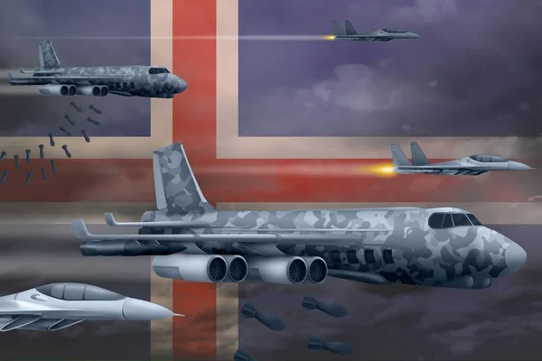 Islandské letectvo bombarduje koncept útoku. Islandská armáda letadla shazovat bomby na pozadí vlajky. 3D ilustrace — Stock fotografie