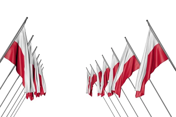 Bonito muitas bandeiras da Polônia penduradas em pólos diagonais dos lados esquerdo e direito isolados no branco qualquer bandeira de festa ilustração 3d — Fotografia de Stock