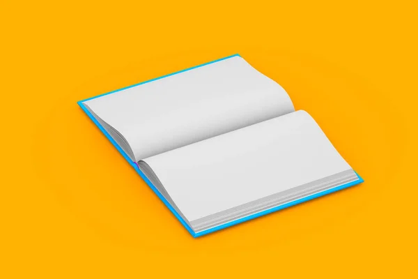 3D illusztráció tárgy - nagyon részletes kék könyv, amely teljesen nyitott, iskolai koncepció elszigetelt sárga háttér — Stock Fotó