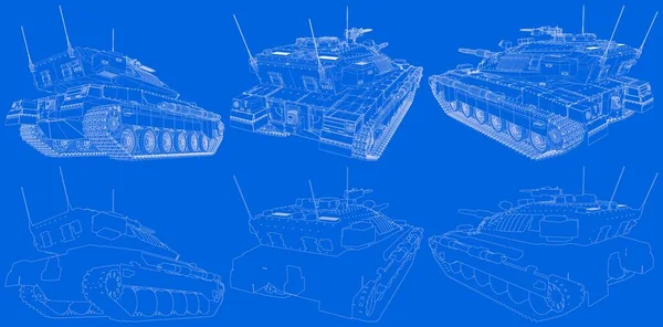 Stampa blu di delineato isolato serbatoio pesante 3D con il design che non esiste, concetto di truppe serbatoio ad altissima risoluzione - Illustrazione militare 3D — Foto Stock