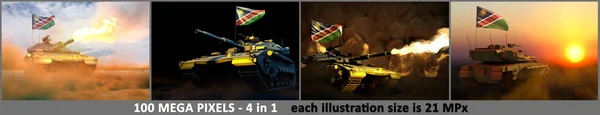 Namibie armádní koncept - 4 velmi podrobné ilustrace tanku s fiktivním designem s namibijskou vlajkou a volným místem pro váš text, vojenská 3D ilustrace — Stock fotografie