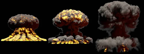 Illustrazione 3D di esplosione - 3 enormi fasi diverse esplosione nube di fungo da fuoco di fusione bomba con fumo e fiamma isolata su sfondo nero — Foto Stock