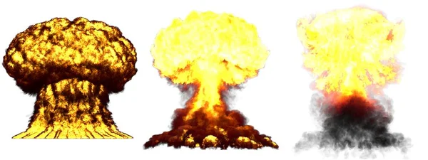 3D illustration av explosion - 3 stora hög detaljerad olika faser svamp molnet explosion av atombomb med rök och eld isolerade på vit — Stockfoto