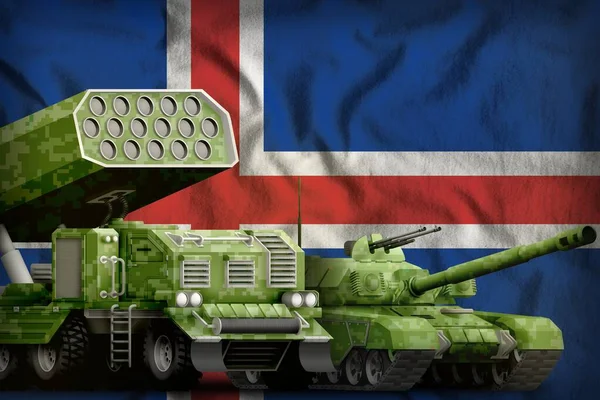 Iceland heavy military armored vehicles concept on the national flag background. 3d Illustration