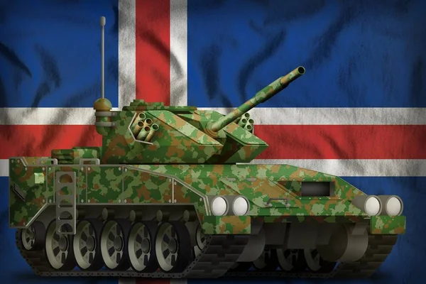 Lichte tank apc met zomer camouflage op de IJsland nationale vlag achtergrond. 3d Illustratie — Stockfoto