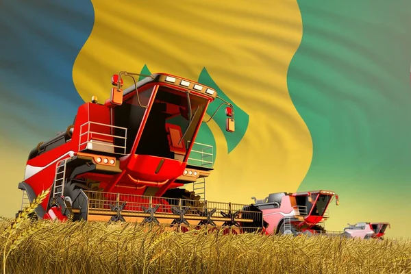 Illustration 3D industrielle de moissonneuse-batteuse agricole travaillant sur champ de céréales avec le drapeau de Saint-Vincent-et-les Grenadines, concept de production alimentaire — Photo