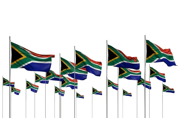 Bastantes banderas de Sudáfrica en una fila aislada en blanco con lugar vacío para el contenido - cualquier ocasión bandera 3d ilustración — Foto de Stock