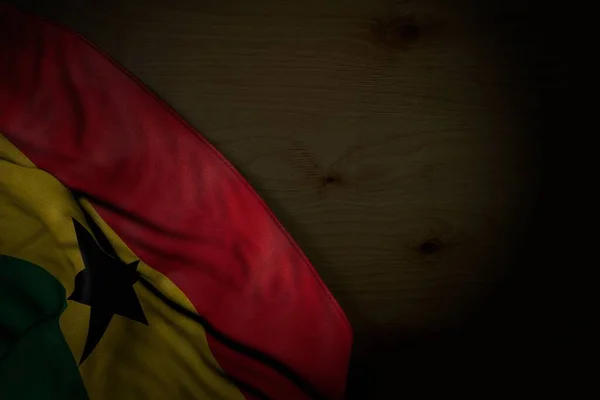 Schönes dunkles Bild der Ghanafahne mit großen Falten auf dunklem Holz mit freiem Platz für Text - jede Festfahne 3D-Illustration — Stockfoto