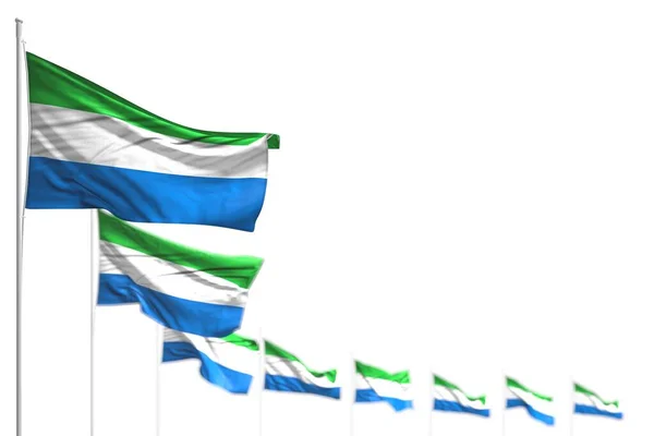 Bonitas banderas aisladas de Sierra Leona colocadas en diagonal, ilustración con enfoque selectivo y lugar para el contenido - cualquier ocasión bandera 3d ilustración — Foto de Stock