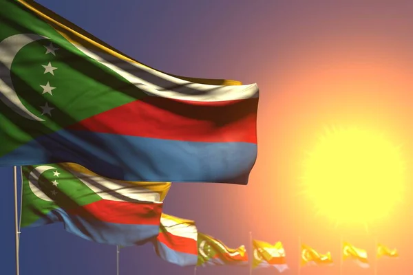 cute many Comoros flags on sunset placed diagonal with soft focus and space for text - any occasion flag 3d illustration