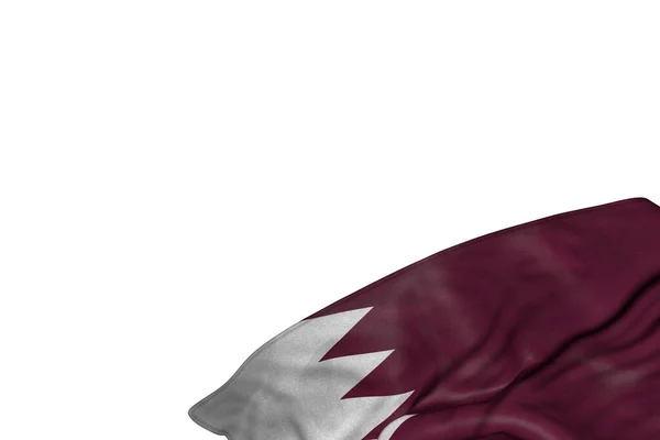 Pěkný Katar vlajka s velkými záhyby ležící v pravém dolním rohu izolované na bílém - každá oslava vlajka 3d ilustrace — Stock fotografie