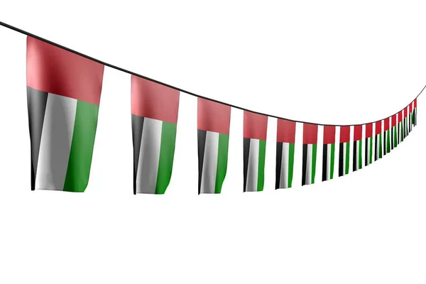 Bagus banyak bendera atau spanduk Uni Emirat Arab tergantung diagonal dengan pandangan perspektif pada string terisolasi pada warna putih - setiap hari libur bendera 3d ilustrasi — Stok Foto