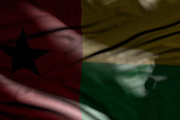 Maravillosa imagen de la oscura bandera de Guinea-Bissau con pliegues yacía en las sombras con manchas de luz en ella - cualquier ilustración 3d bandera de vacaciones — Foto de Stock