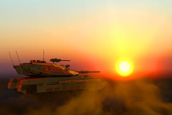 Tanque militar de camuflagem tático do deserto com design fictício no pôr do sol, conceito militar de alto detalhe - ilustração militar 3D — Fotografia de Stock