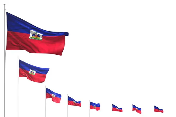 Agradável muitas bandeiras Haiti colocado diagonal isolado no branco com lugar para o seu texto - qualquer bandeira celebração ilustração 3d — Fotografia de Stock