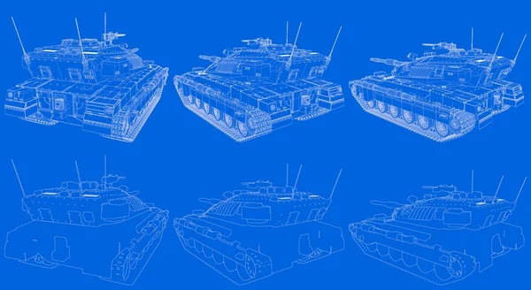 Cianografia del serbatoio pesante 3D isolato delineato con design non esistente, concetto militare ad alta risoluzione - illustrazione 3D militare — Foto Stock