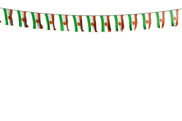 Bonito muitas bandeiras ou banners do Níger pendura na corda isolada no branco qualquer bandeira de férias ilustração 3d — Fotografia de Stock