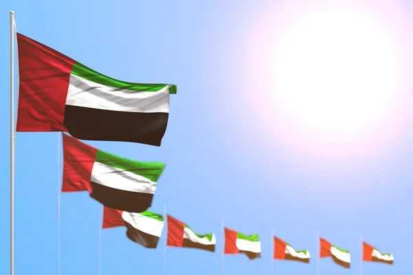 Симпатично много флагов Объединенных Арабских Эмиратов, размещенных на трибунах с выборочным фокусом и пустым местом для контента - любая трехмерная иллюстрация флага — стоковое фото