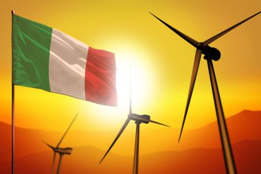 İtalya rüzgar enerjisi, rüzgar türbinleri ve günbatımı sanayi illüstrasyonunda bayrak - yenilenebilir alternatif enerji, 3D illüstrasyon