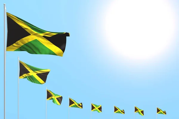 nice many Jamaica flags placed diagonal on blue sky with place for your content - any celebration flag 3d illustration