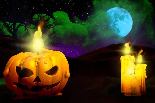 Halloween élénk aranyos sötét éjszakai textúra - sütőtök gyertya a bal oldalon, és sok gyertya a jobb oldalon, jack-o-lámpa koncepció - háttér design sablon 3d illusztráció — Stock Fotó