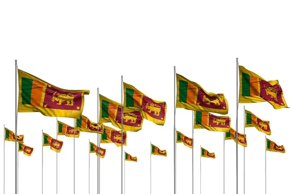 Bonito muchas banderas de Sri Lanka en una fila aislada en blanco con lugar vacío para su contenido - cualquier celebración bandera 3d ilustración — Foto de Stock
